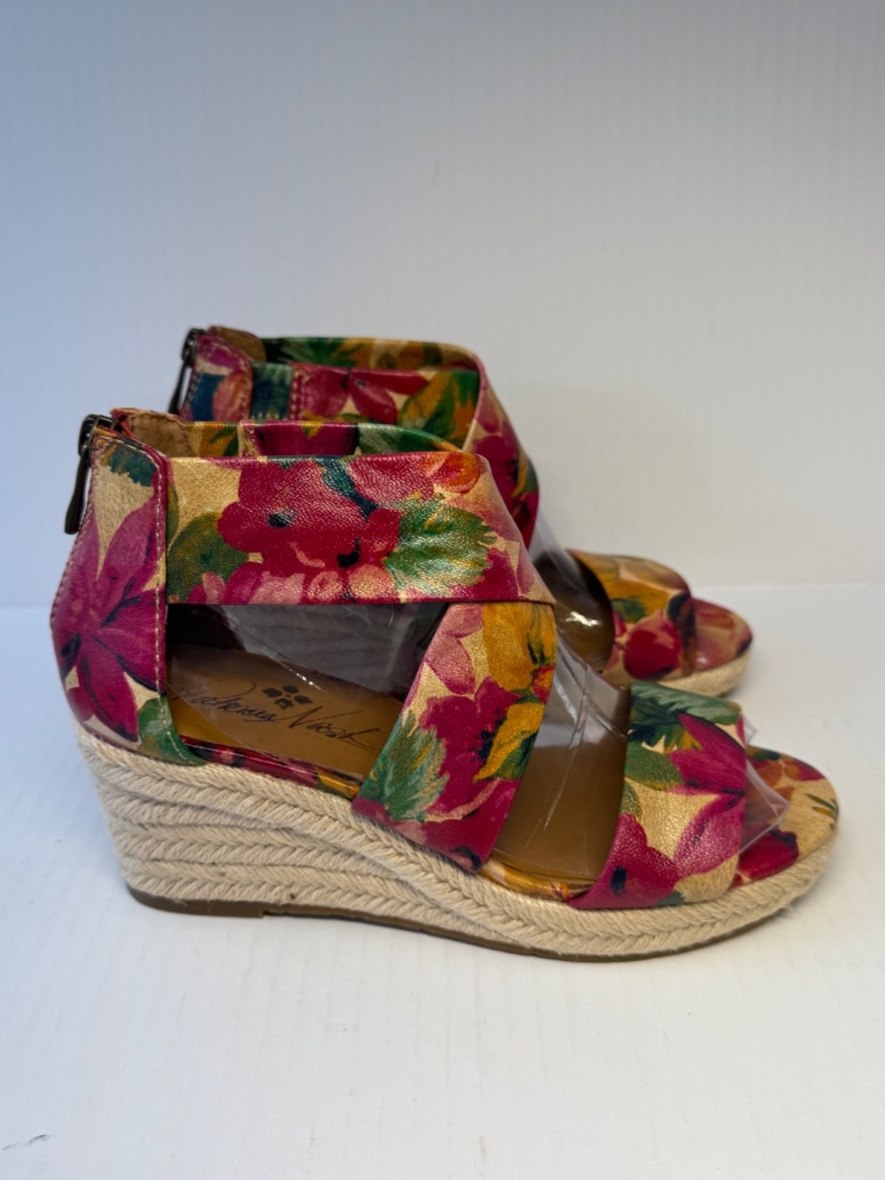 Patricia Nash Floral Espadrille Wedge Sandals, Ankle Zip, Boho Leather Size 5.5